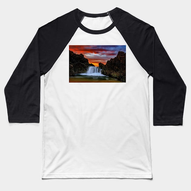 Sunrise beach waterfall Baseball T-Shirt by dags
